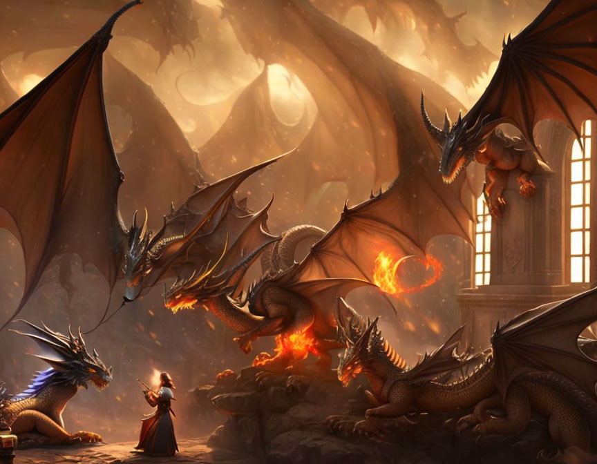 Robed Figure Confronts Dragons in Grand Hall