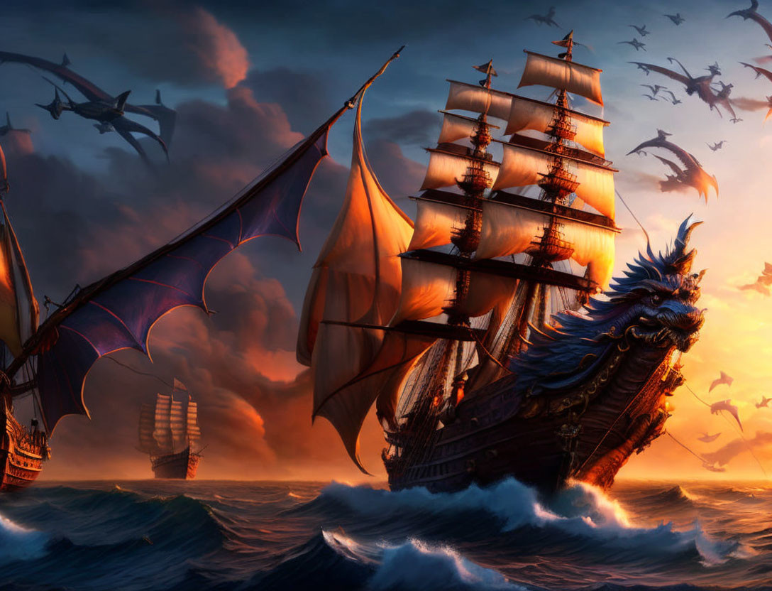 Majestic ship sailing under dramatic sky with dragon and birds in golden sunset sea