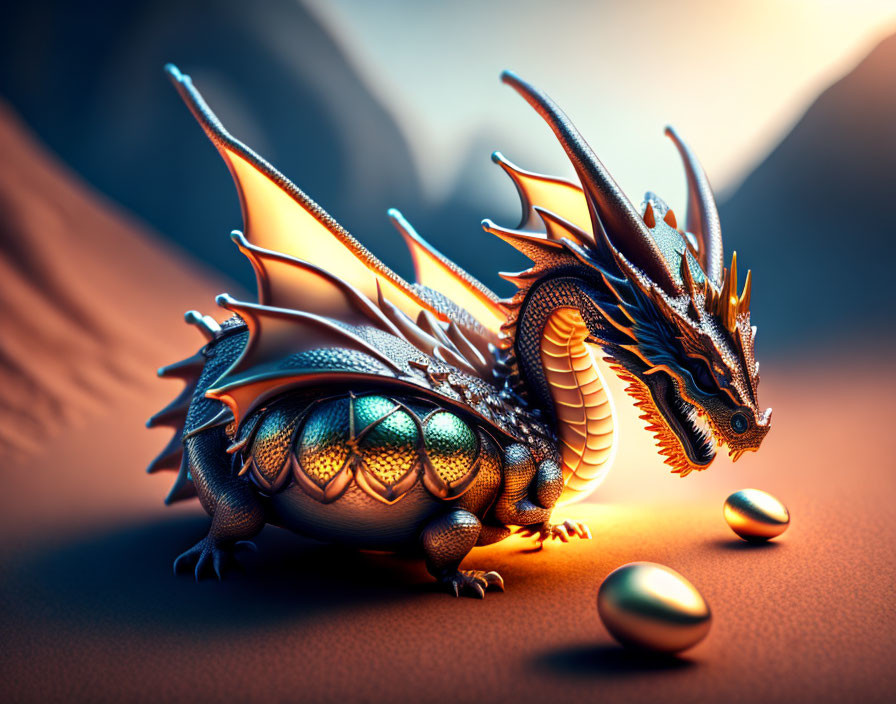 Detailed illustration of majestic dragon with glowing orange wings and scales and two luminescent eggs on textured ground