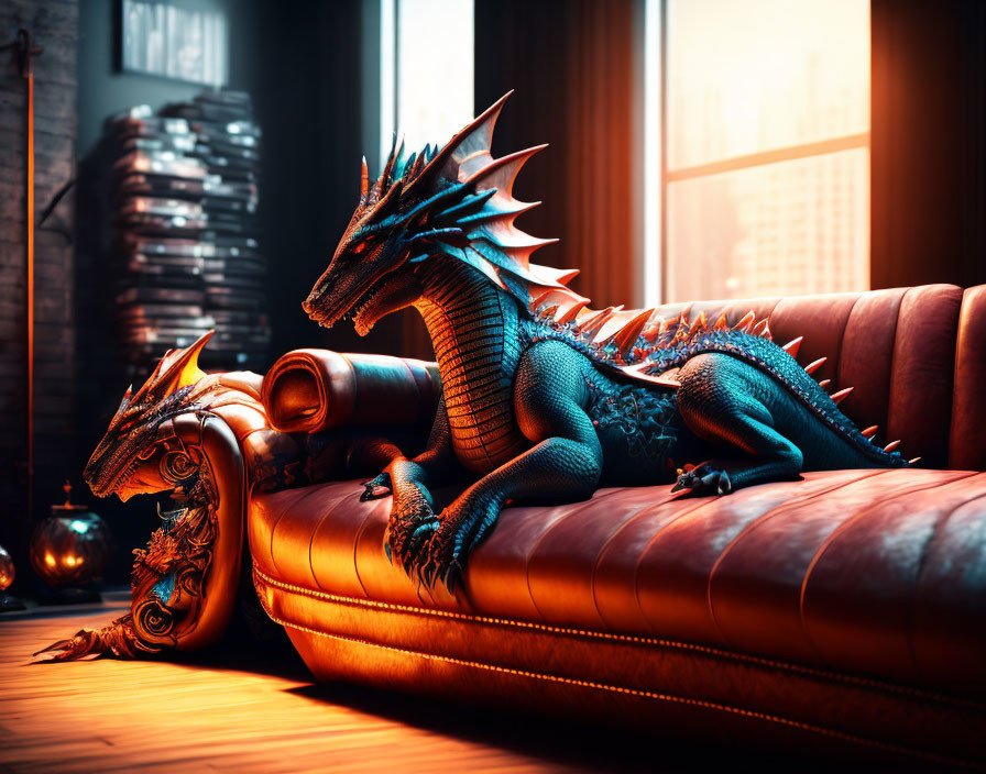 Fantastical Blue Dragons on Leather Sofa in Cozy Room