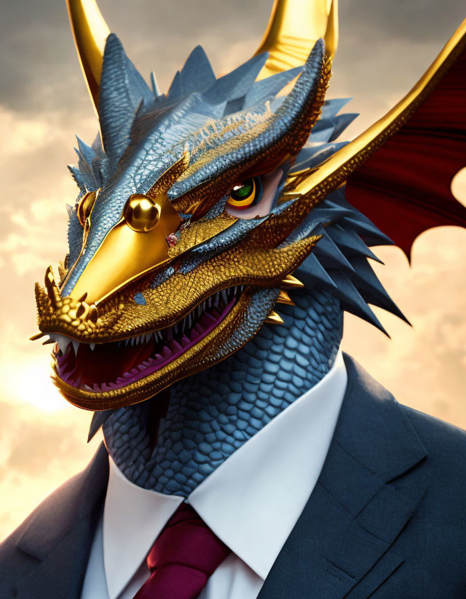 Dragon in Suit and Tie Against Sunset Sky