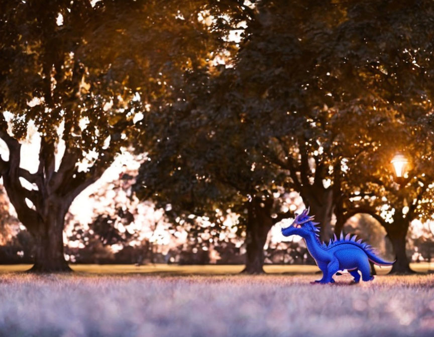 Blue Toy Dragon in Park with Trees and Street Lamp at Sunset