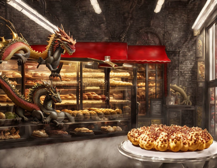 Dragon in Bakery with Pastries and Fresh Baked Goods