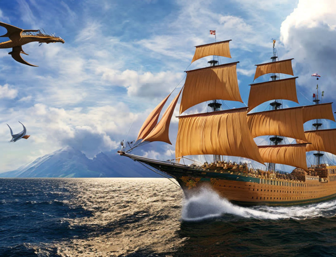 Majestic sailing ship with full sails, flying creatures, and towering volcano