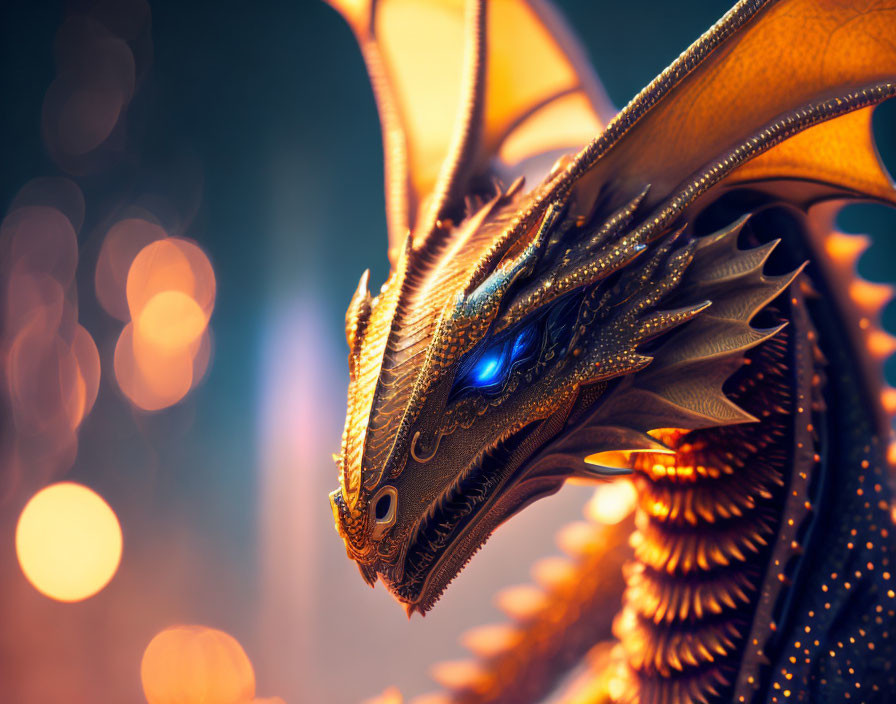 Golden dragon with blue eyes and intricate scales on bokeh background