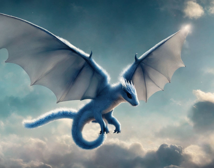 Blue dragon flying gracefully through cloudy sky