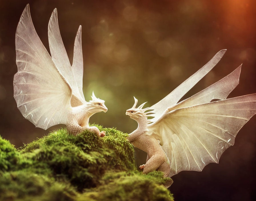 Fantasy Dragon Figurines with Translucent Wings on Moss-Covered Hill