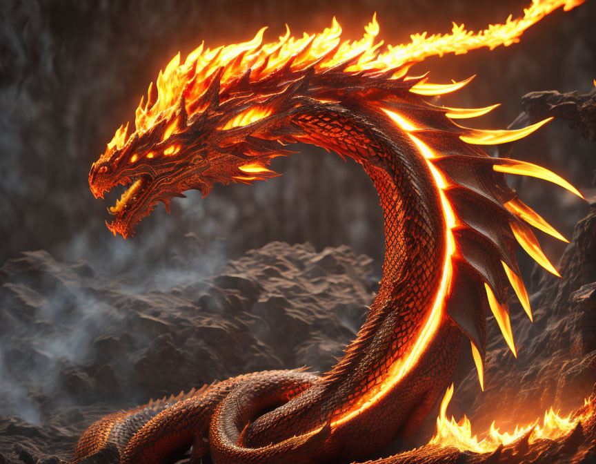 Fiery dragon with glowing orange scales and blazing flames surrounded by smoke