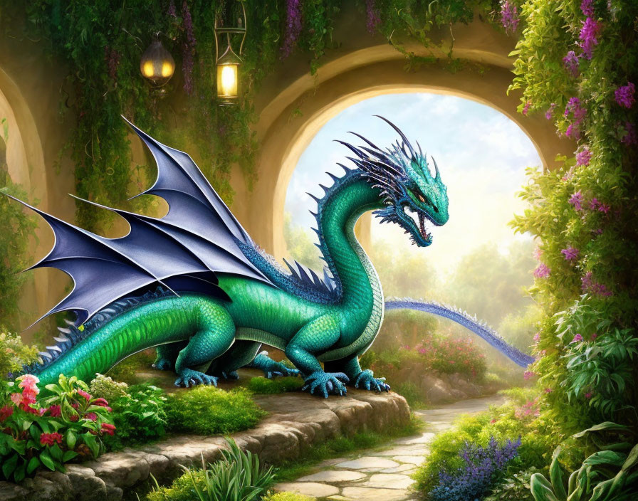 Majestic green and blue dragon in enchanted garden with stone arches