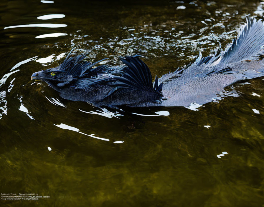 Feathered dragon swimming in murky water