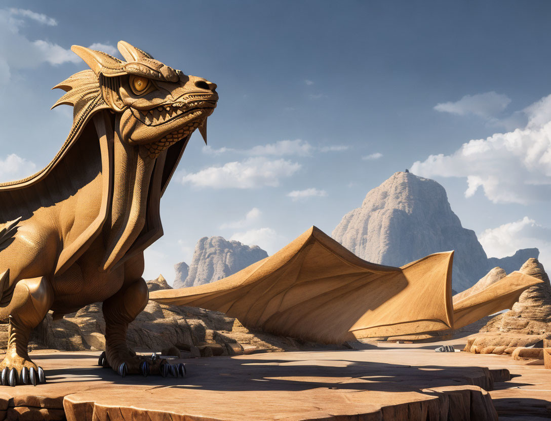 Majestic dragon in desert landscape with expansive wings