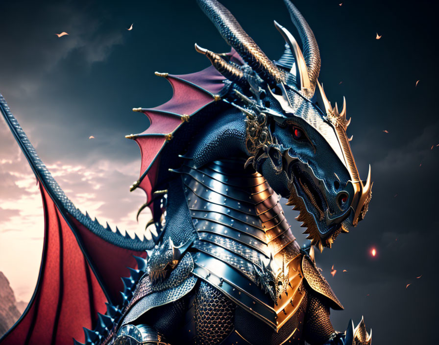 Armored dragon with red eyes and wings in dramatic sky