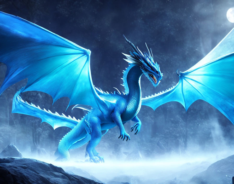 Blue dragon with expansive wings on rocky terrain under moonlit sky