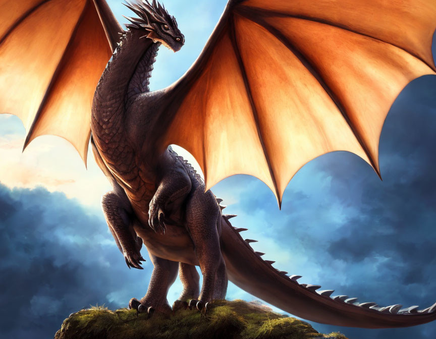 Majestic dragon perched on hill with spread wings