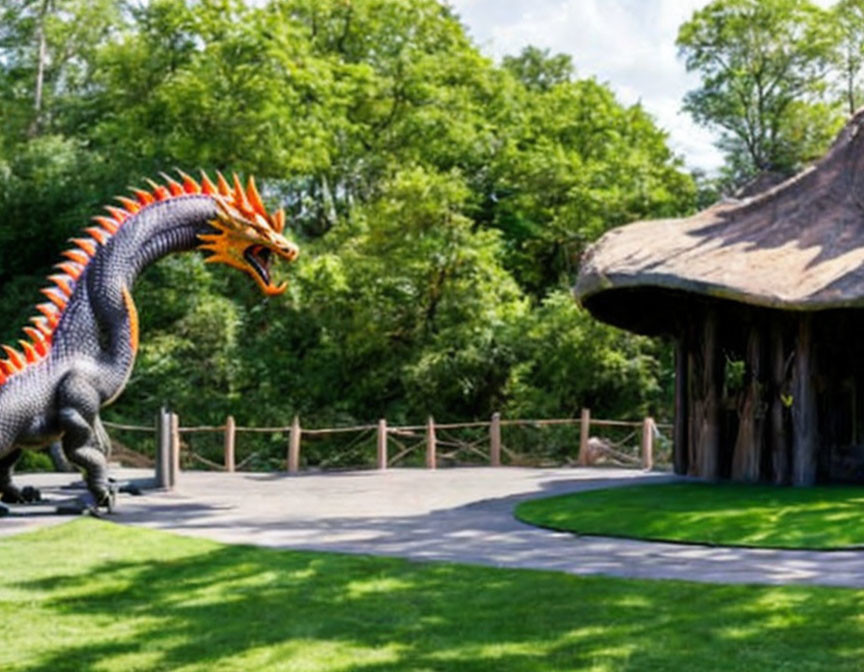 Large Orange-Spiked Dragon Model in Green Park Setting