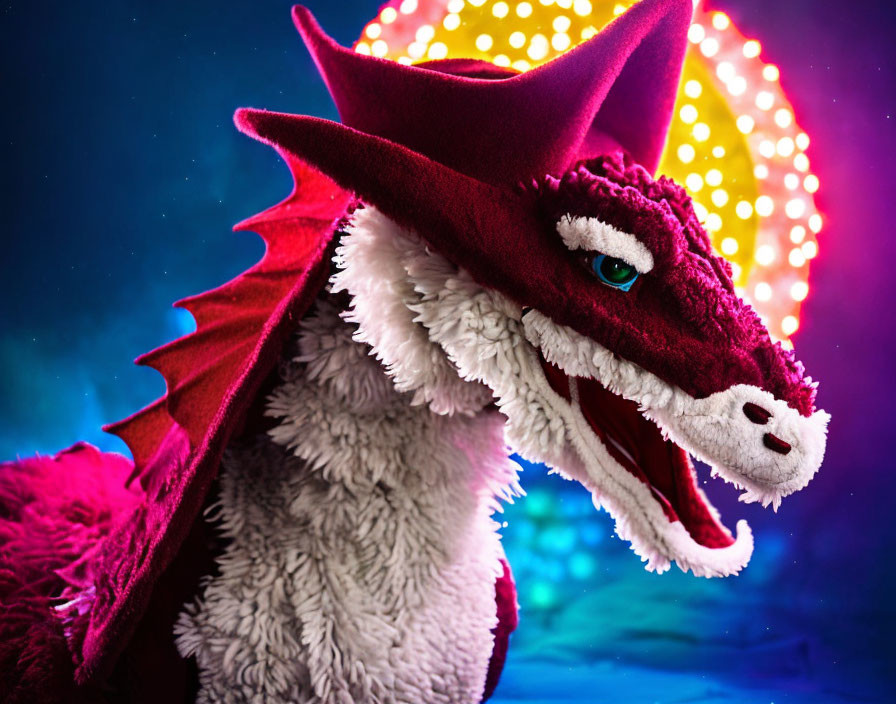 Colorful plush dragon with red and white head in close-up view