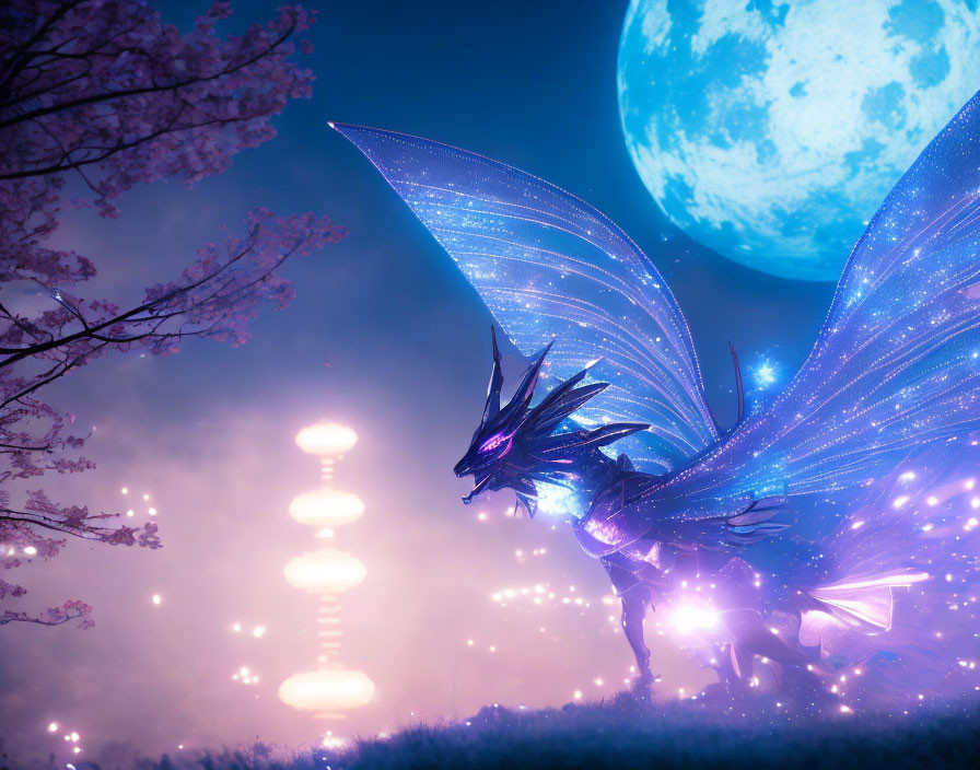 Ethereal dragon with translucent wings in mystical moonlit scene