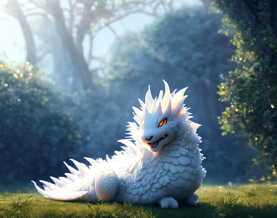 White Dragon with Orange Eyes in Sunlit Forest Clearing