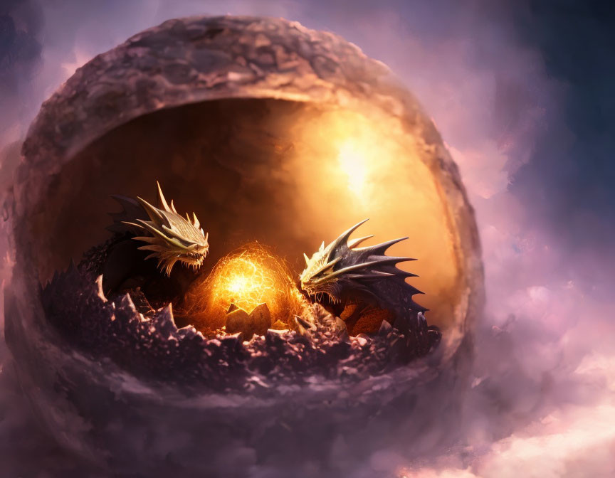 Dragon hatchlings in glowing nest with mist: a magical scene