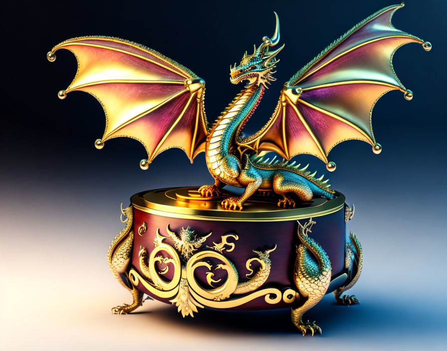 Colorful Ornate Dragon Figurine on Circular Base Against Blue Gradient Background