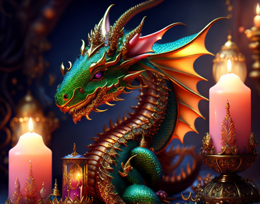 Detailed illustration: Majestic green and gold dragon with candles and candelabras