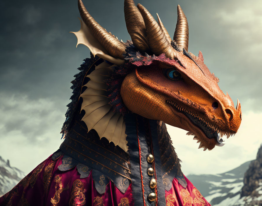 Detailed Dragon with Red Scales in Renaissance Outfit on Mountainous Background