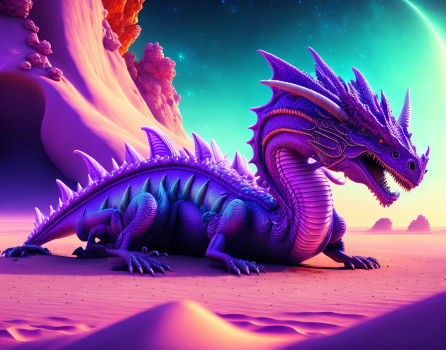 Majestic purple dragon on alien landscape with moon