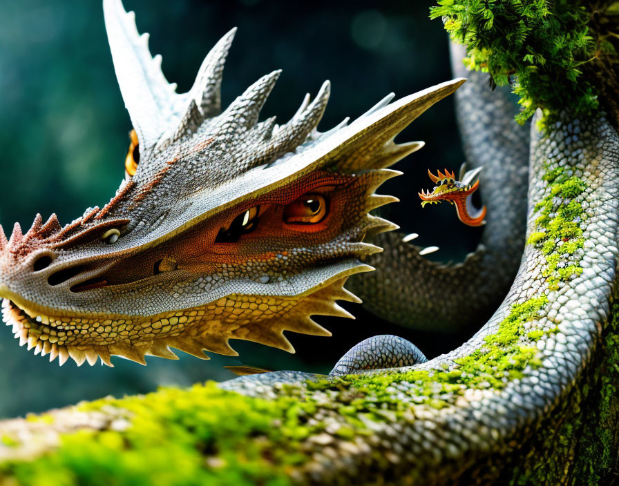 Detailed Fantasy Dragon with Scales and Horns Among Moss-Covered Trees