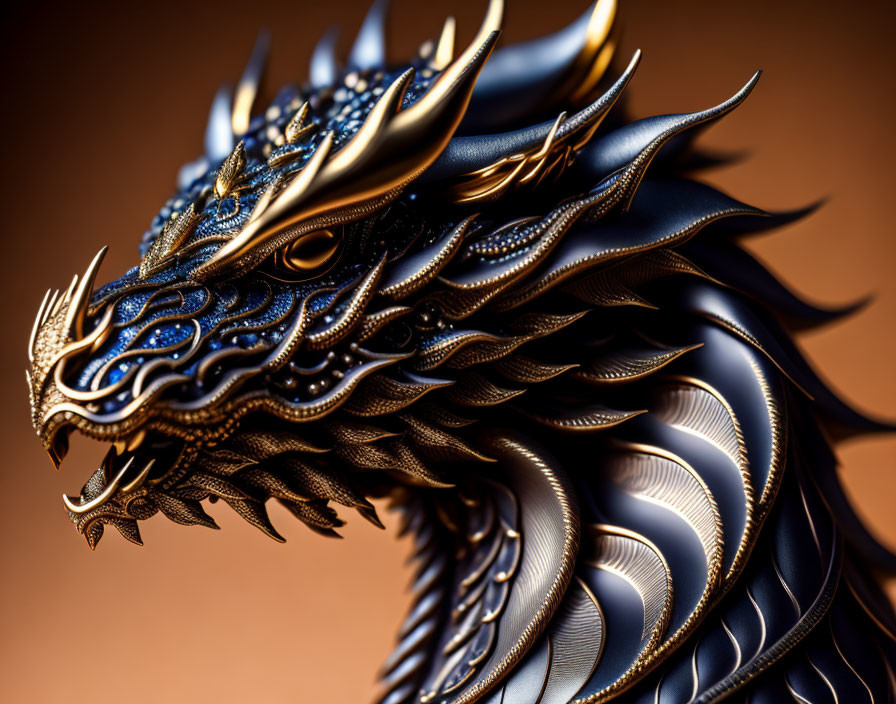 Detailed Metallic Dragon with Golden Accents on Warm Background