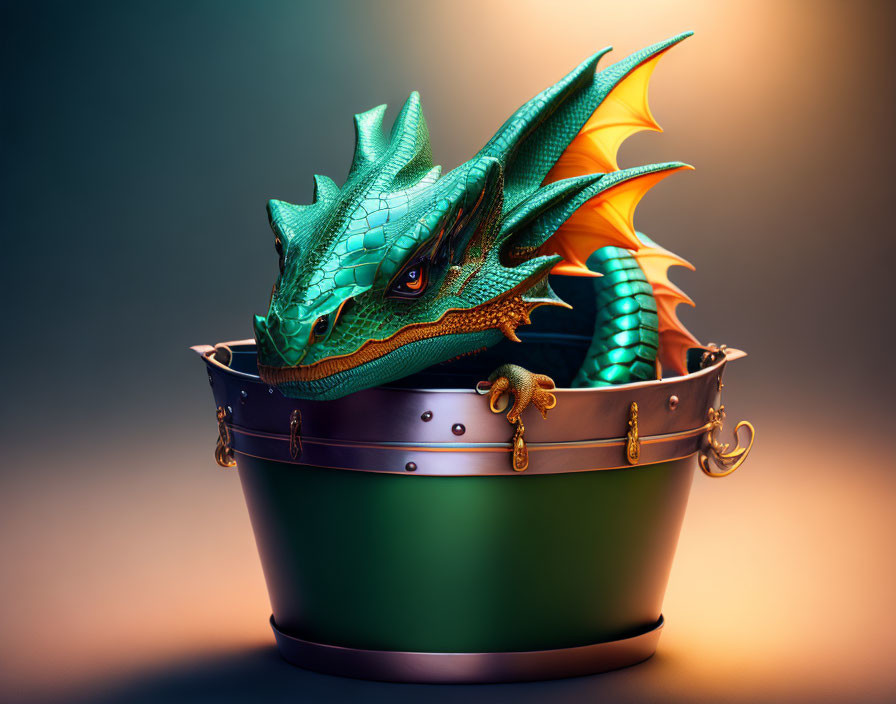 Colorful Green Dragon in Metal Bucket on Gradient Background