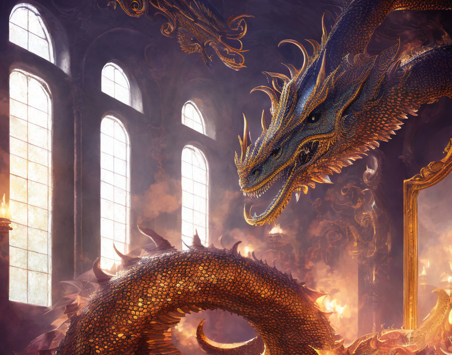 Golden Dragon in Grand Hall with Arched Windows and Soft Light