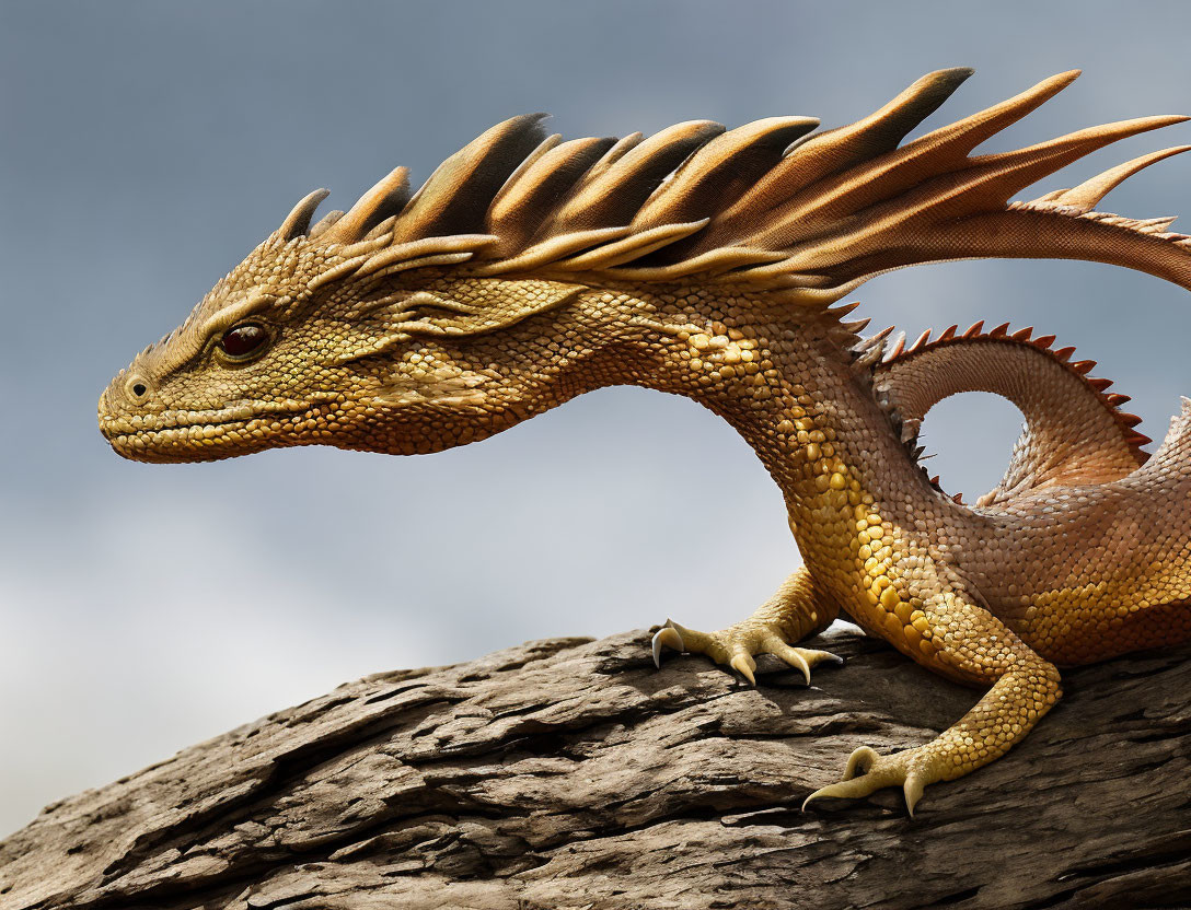 Detailed close-up of yellow dragon-like creature on textured rock against cloudy sky