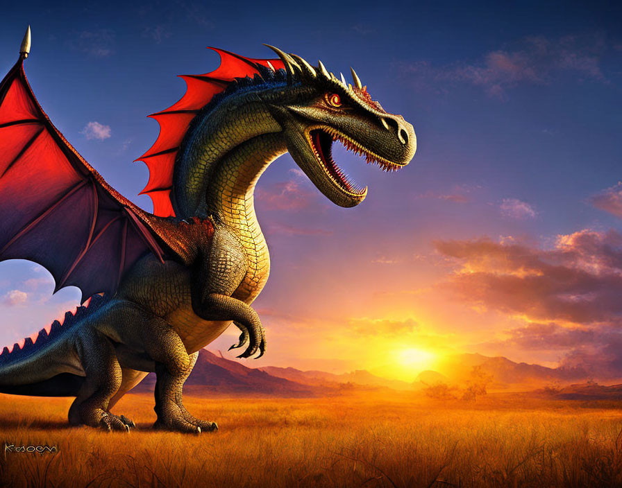 Red-winged dragon in sunlit field at sunset