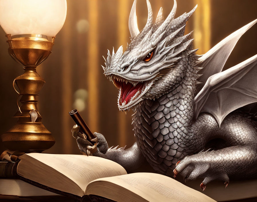 Silver dragon with red eyes next to open book and magnifying glass, with glowing orb lamp and column