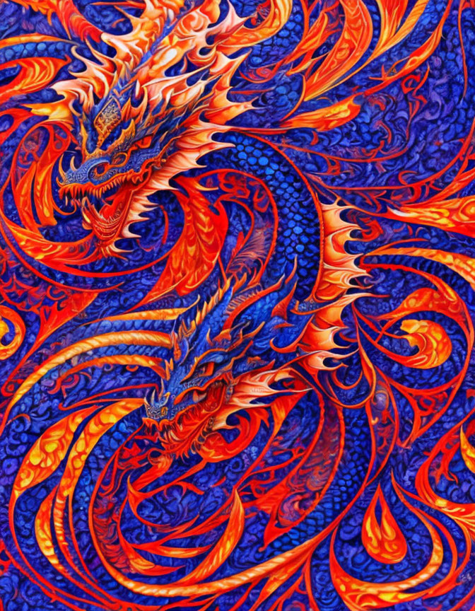 Vibrant orange and blue intertwined dragon illustration with swirling flames