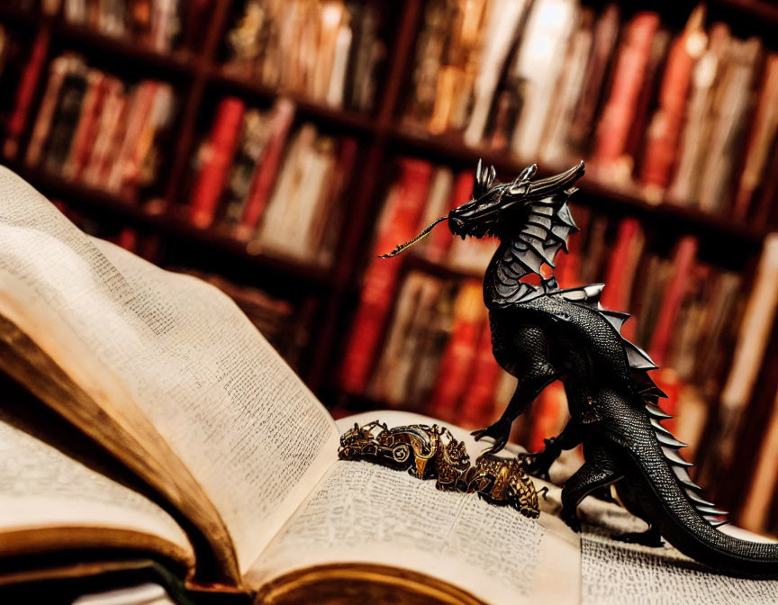 Black Dragon Figurine on Open Book with Bookshelf Background