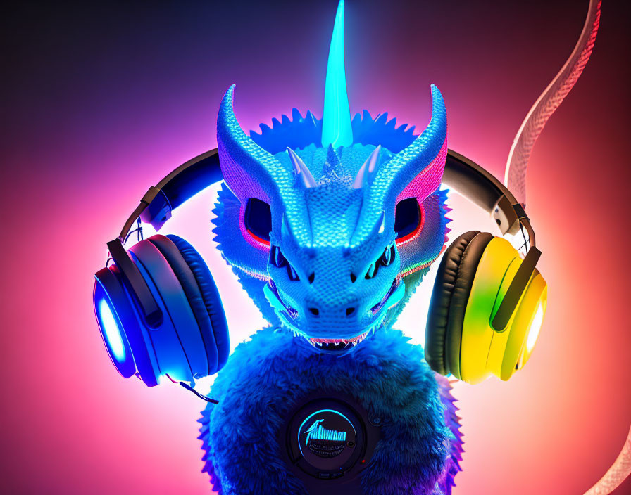 Colorful 3D illustration: Blue dragon in headset with neon backdrop