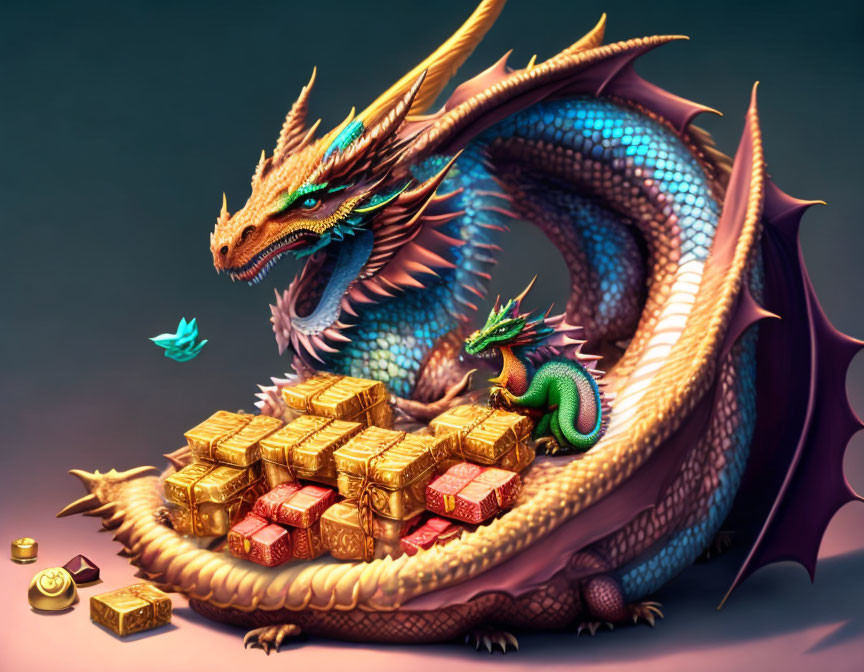 Shimmering blue dragon guarding gold bars with offspring