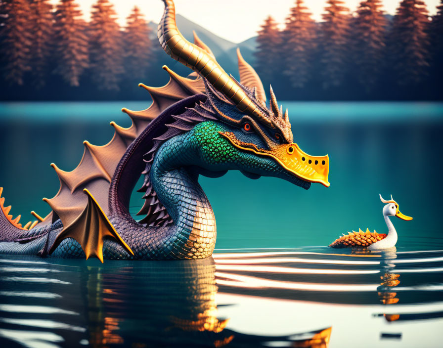 Intricate scaled dragon meets rubber duck in serene forest lake