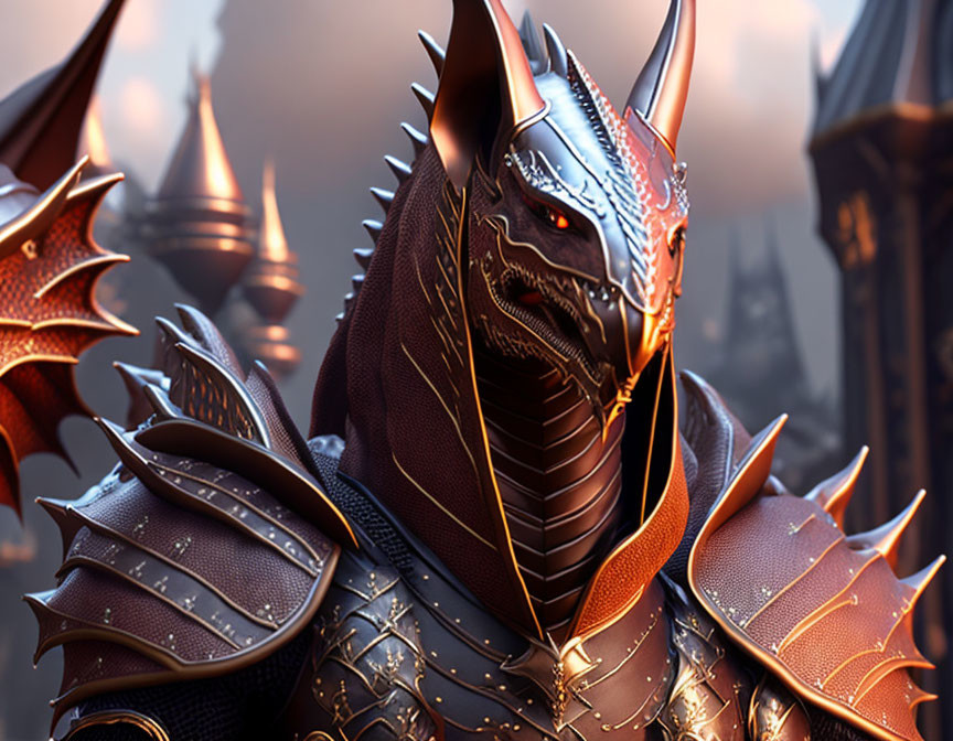 Detailed 3D illustration of menacing fantasy armor-clad dragon-like creature