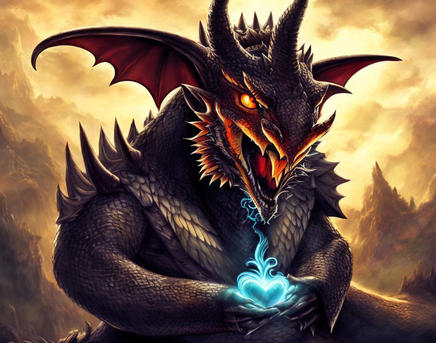 Red-eyed dragon with glowing blue heart and sharp horns exudes mystical power