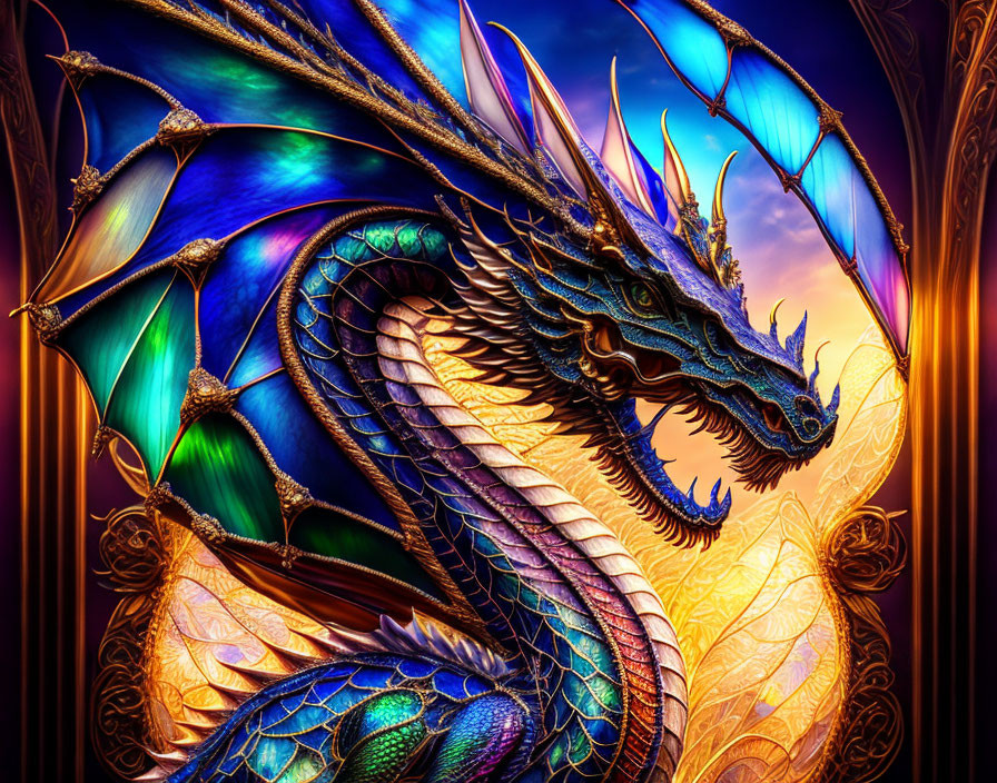 Majestic blue dragon with multicolored wings on golden background