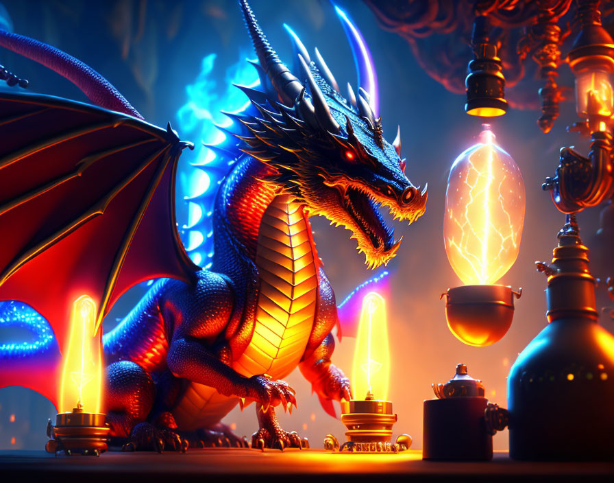 Blue Dragon in Magical Laboratory with Potions and Experiments