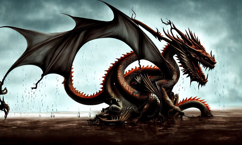 Majestic dragon with wings and spines in rainy sky