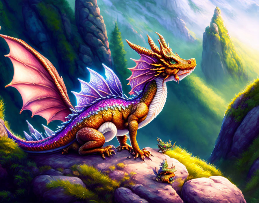 Majestic golden dragon with purple wings on rocky ledge in lush mountain landscape