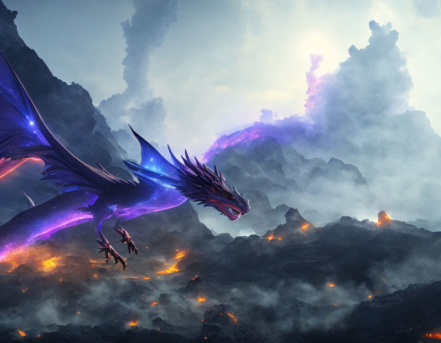 Majestic purple dragon flying over volcanic landscape