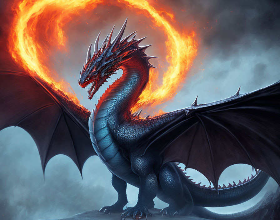 Blue dragon with wings and horns against fiery sky