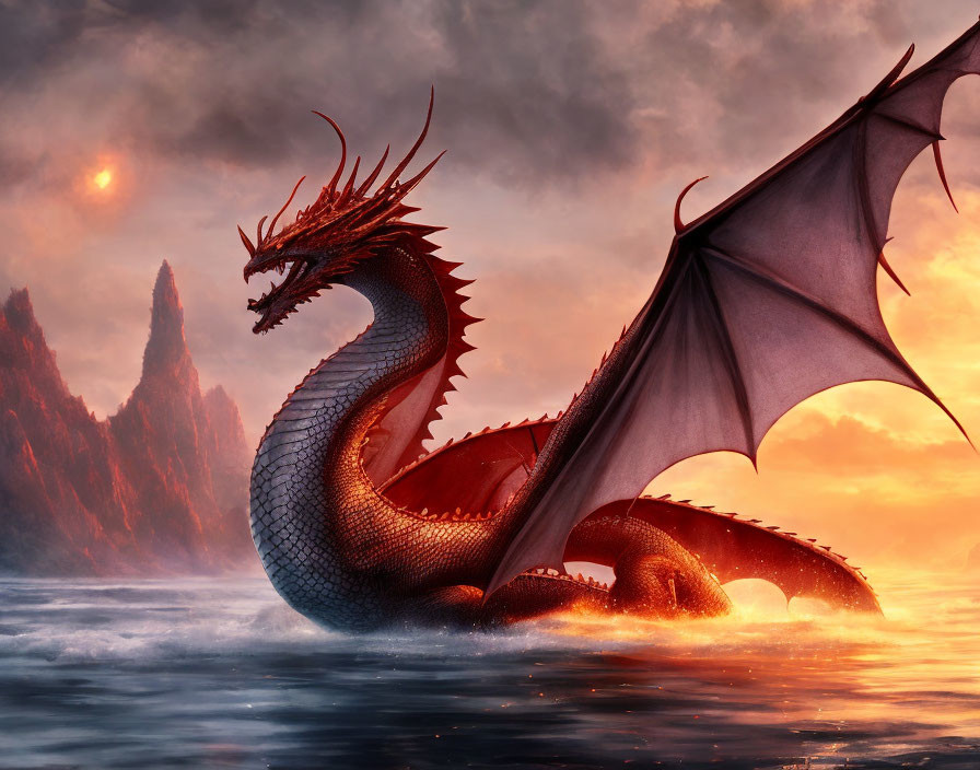 Red Dragon Emerges from Ocean at Sunset with Rocky Coastline