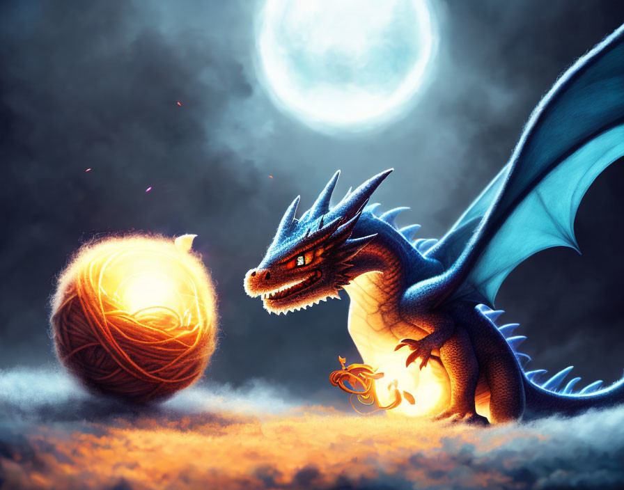 Blue dragon with glowing eyes beside fiery orb under full moon, tiny dragon playing.