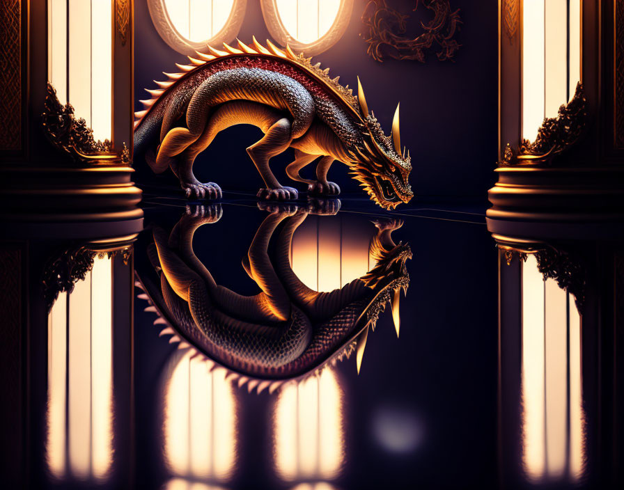 Golden dragon with intricate scales in dark room with ornate details